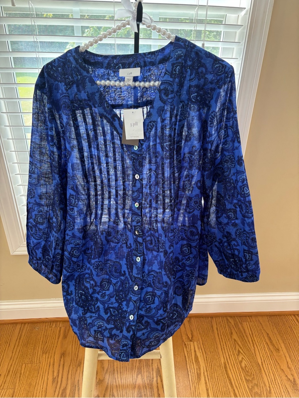 J. Jill Royal Blue Floral Pintuck Button-Front Blouse